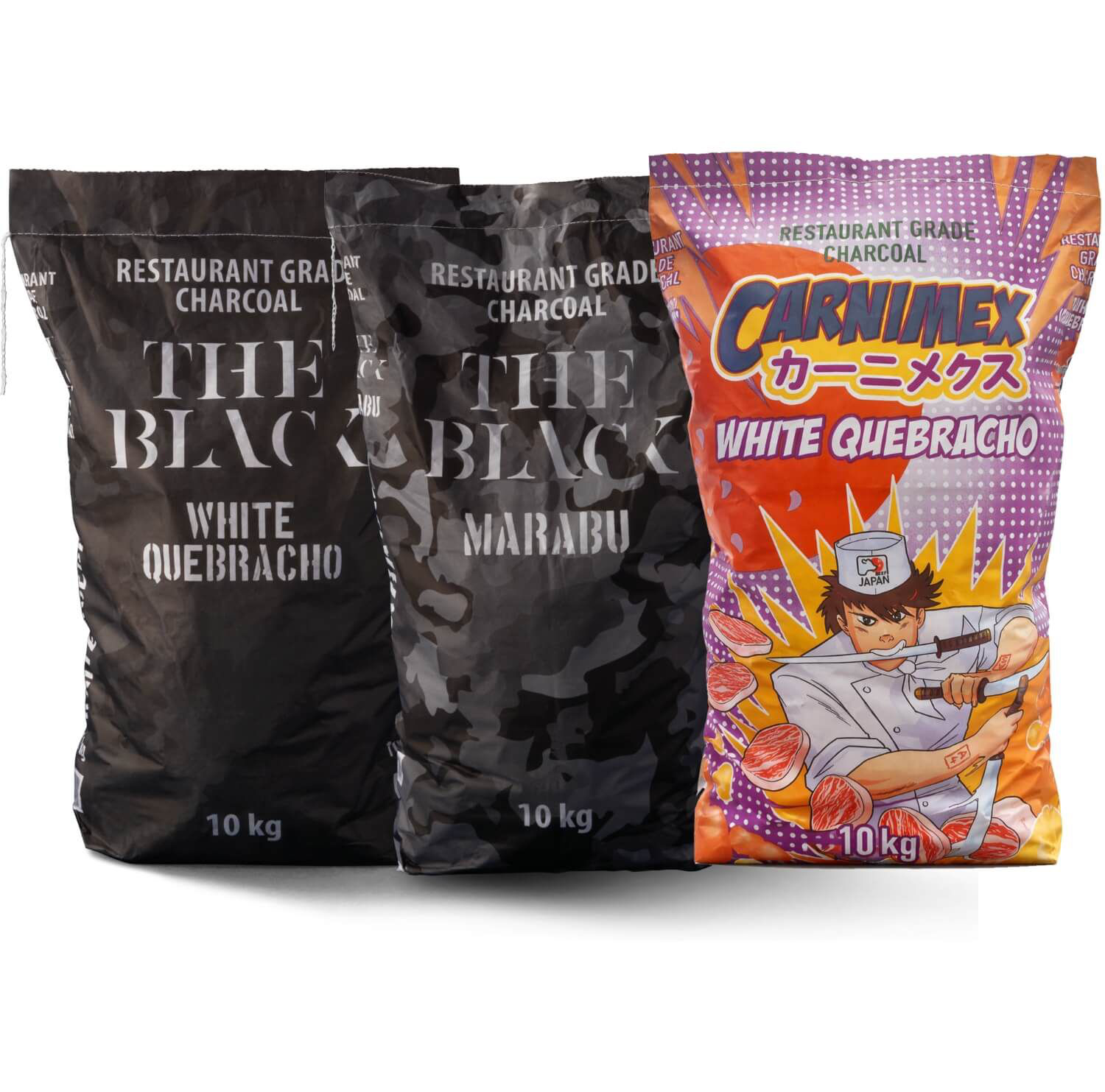 Säckar med Carnimex grillkol — White Quebracho och Marabu, restaurant grade charcoal